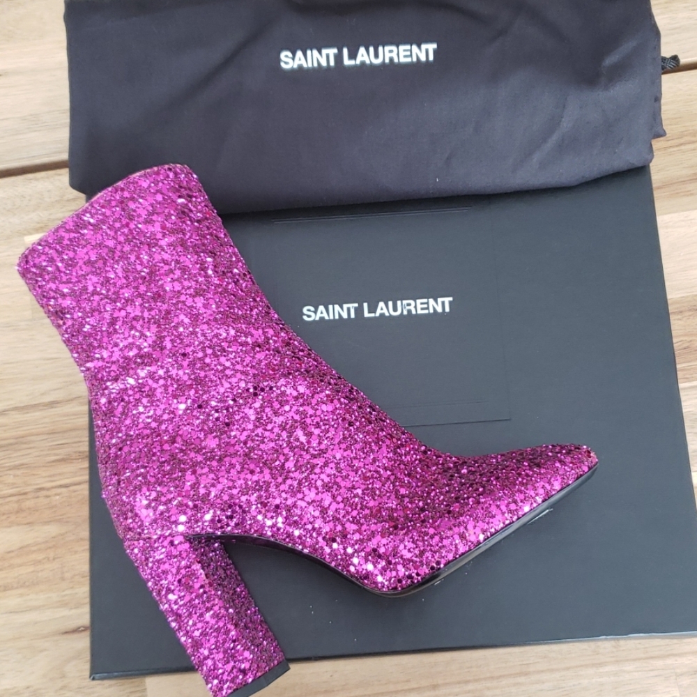 Saint Laurent Lou Lou Pink Glitter Boot 36